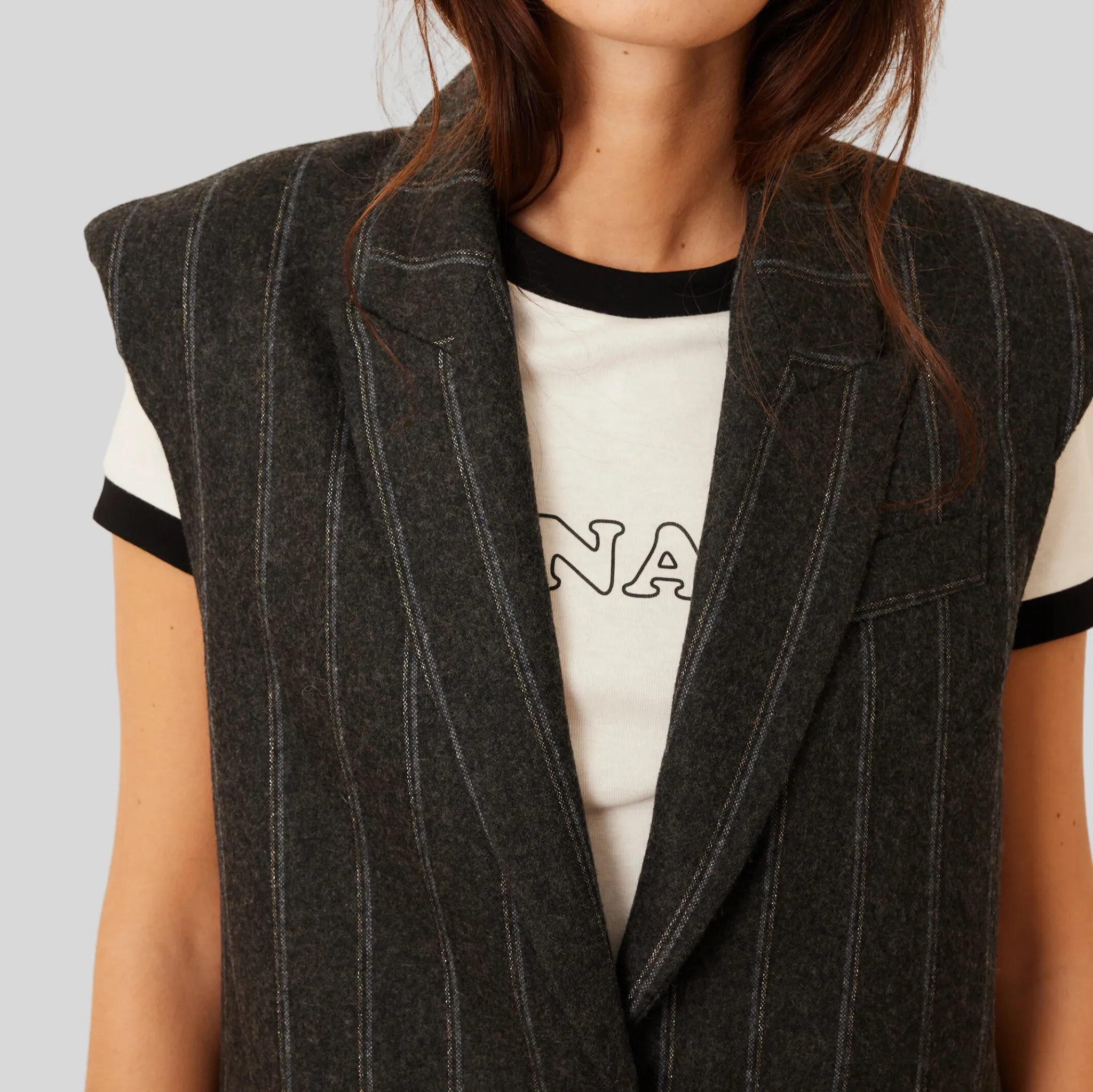 Stripe Peak Lapel Sleeveless Blazer - Grey