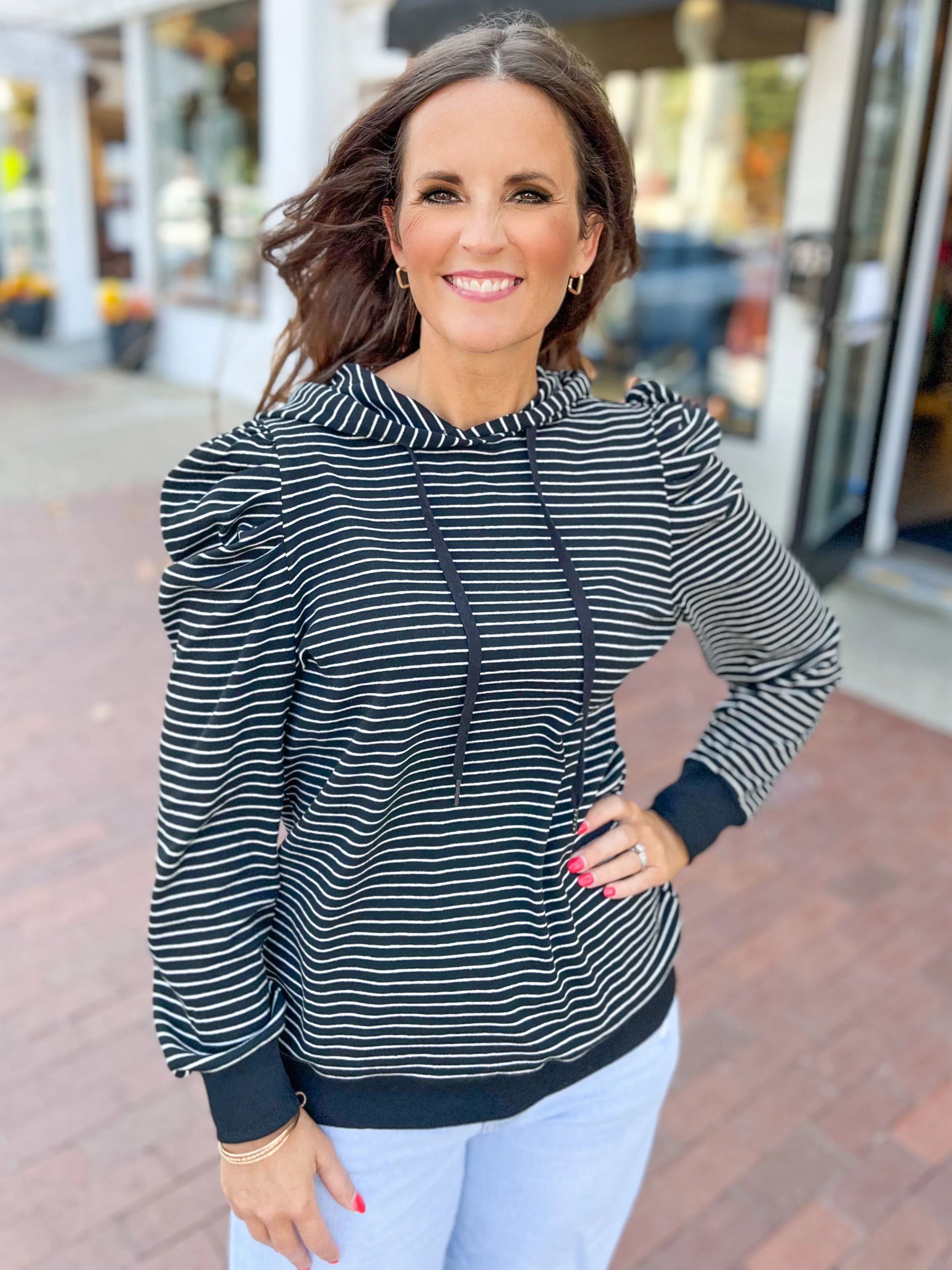 Striped Puff Sleeve Hooded Top