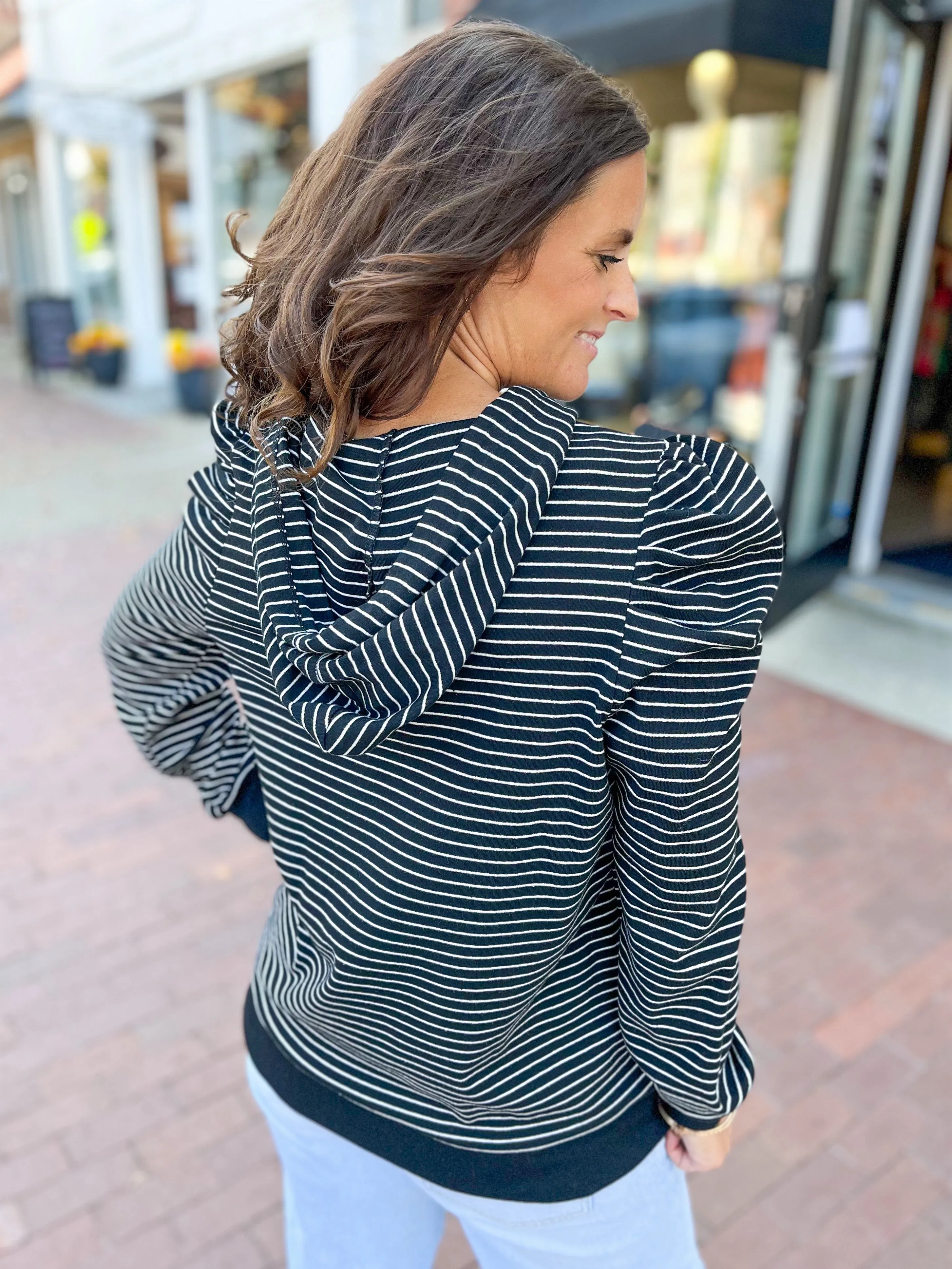 Striped Puff Sleeve Hooded Top