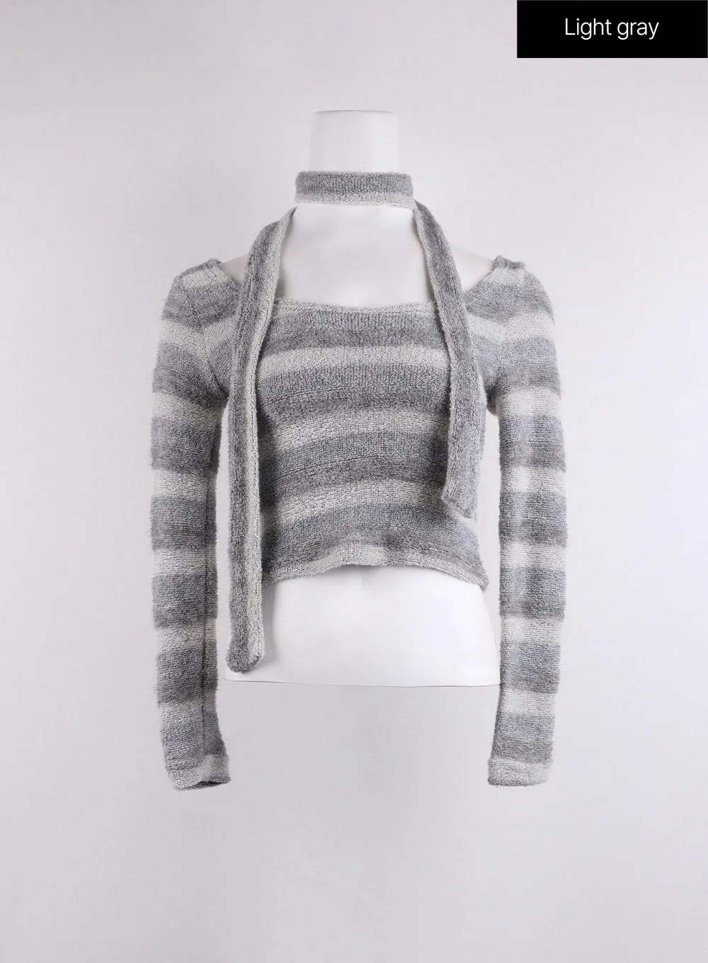 Striped U-Neck Crop Top with Scarf CJ424