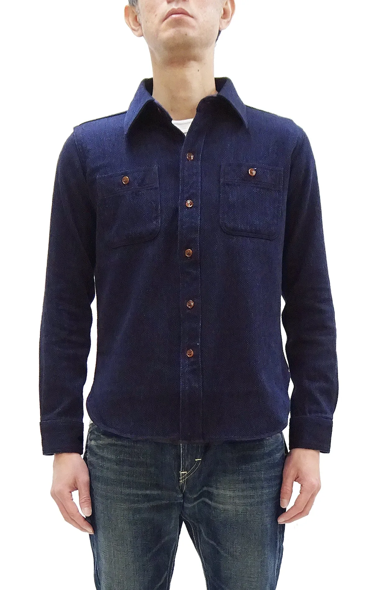 Studio D'artisan Indigo Sashiko Shirt SDA Men's Casual Long Sleeve Sashiko Dobby Button Up Work Shirt 5713 Dark-Indigo