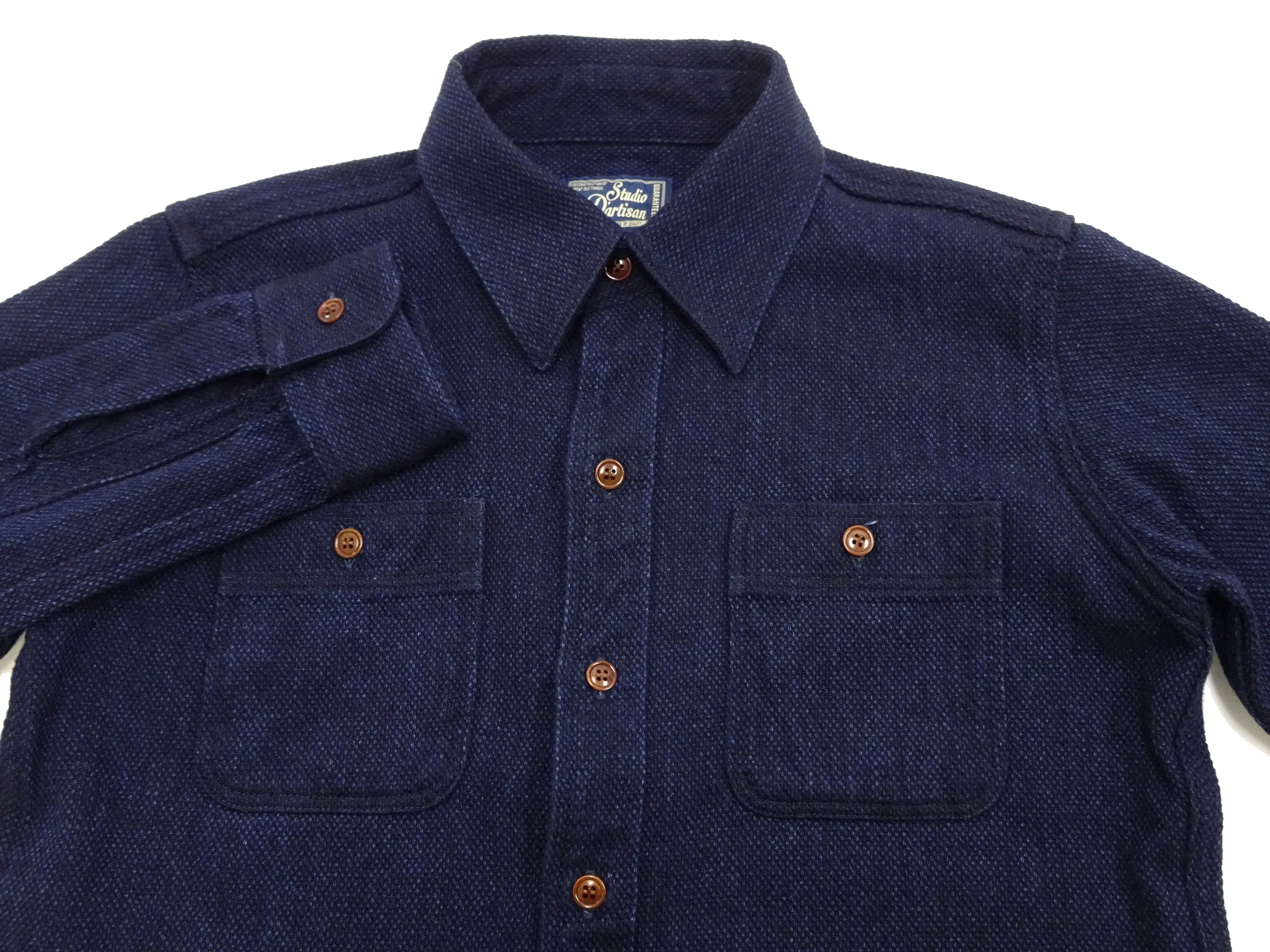 Studio D'artisan Indigo Sashiko Shirt SDA Men's Casual Long Sleeve Sashiko Dobby Button Up Work Shirt 5713 Dark-Indigo