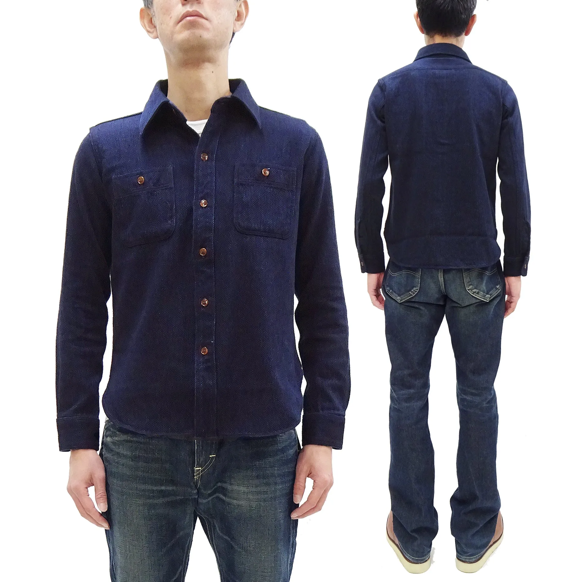 Studio D'artisan Indigo Sashiko Shirt SDA Men's Casual Long Sleeve Sashiko Dobby Button Up Work Shirt 5713 Dark-Indigo