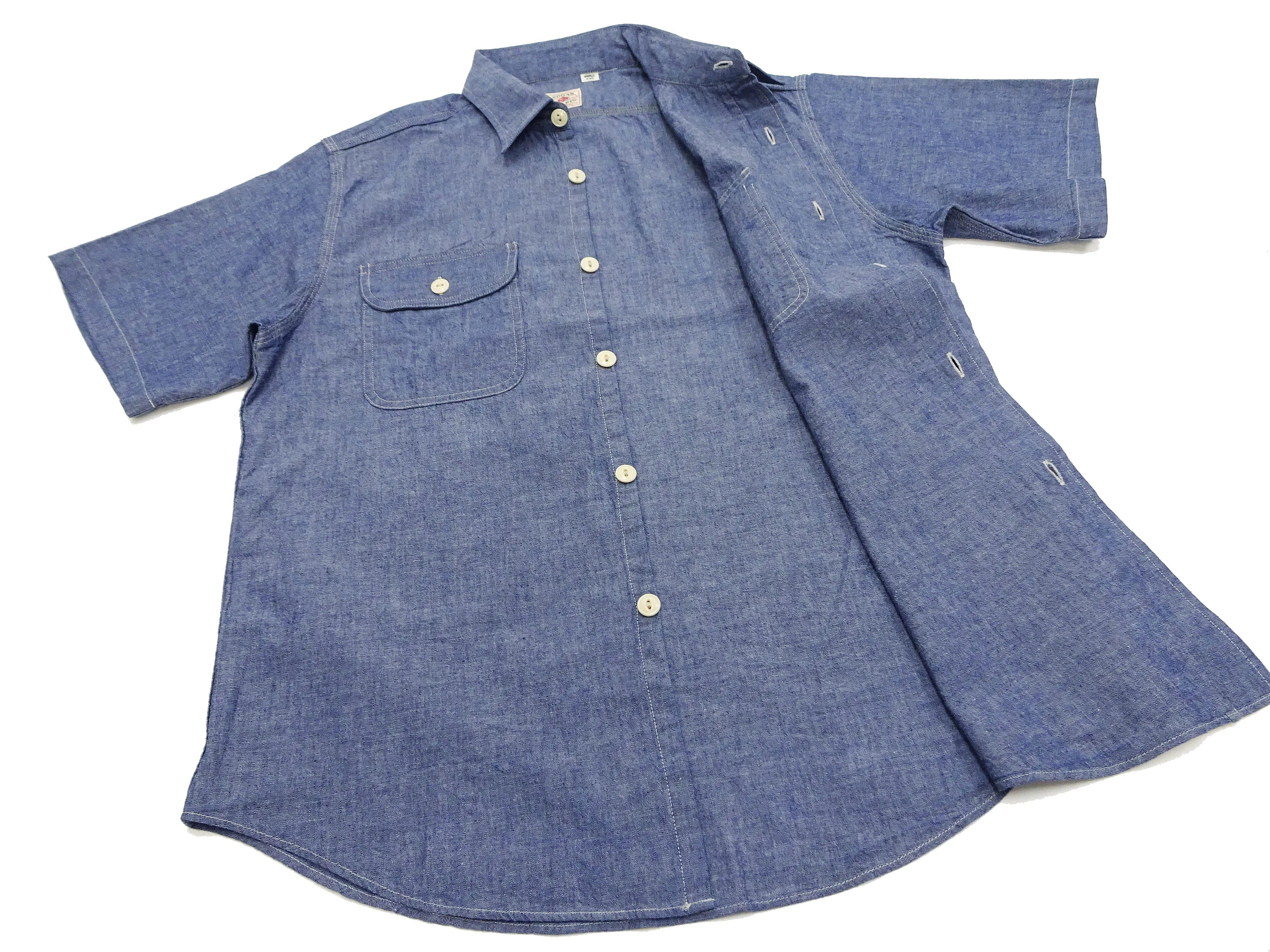 Sugar Cane Blue Chambray Shirt Men's Casual Short Sleeve Plain Button Up Work Shirt SC37941 421 Blue One Wash