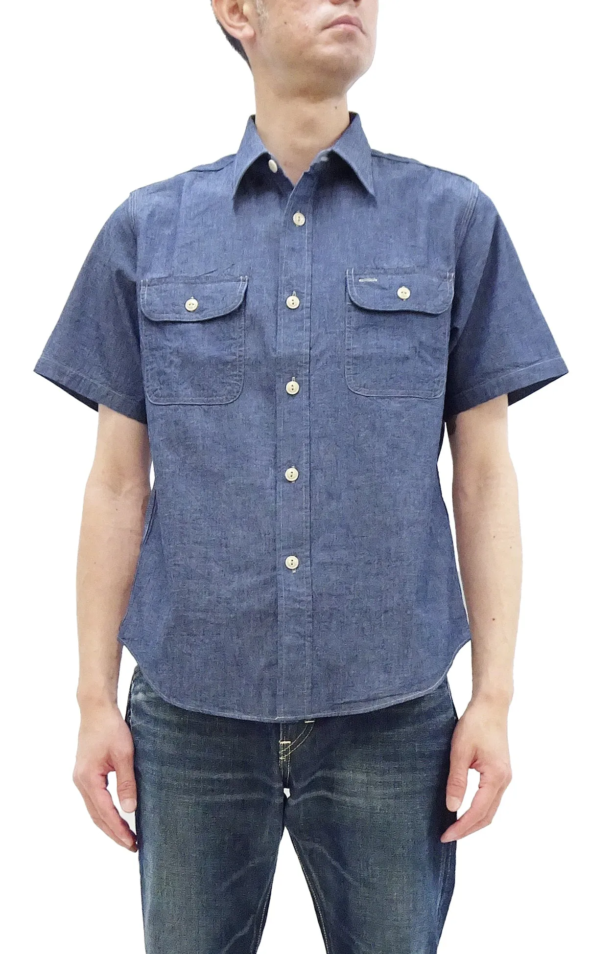 Sugar Cane Blue Chambray Shirt Men's Casual Short Sleeve Plain Button Up Work Shirt SC37941 421 Blue One Wash