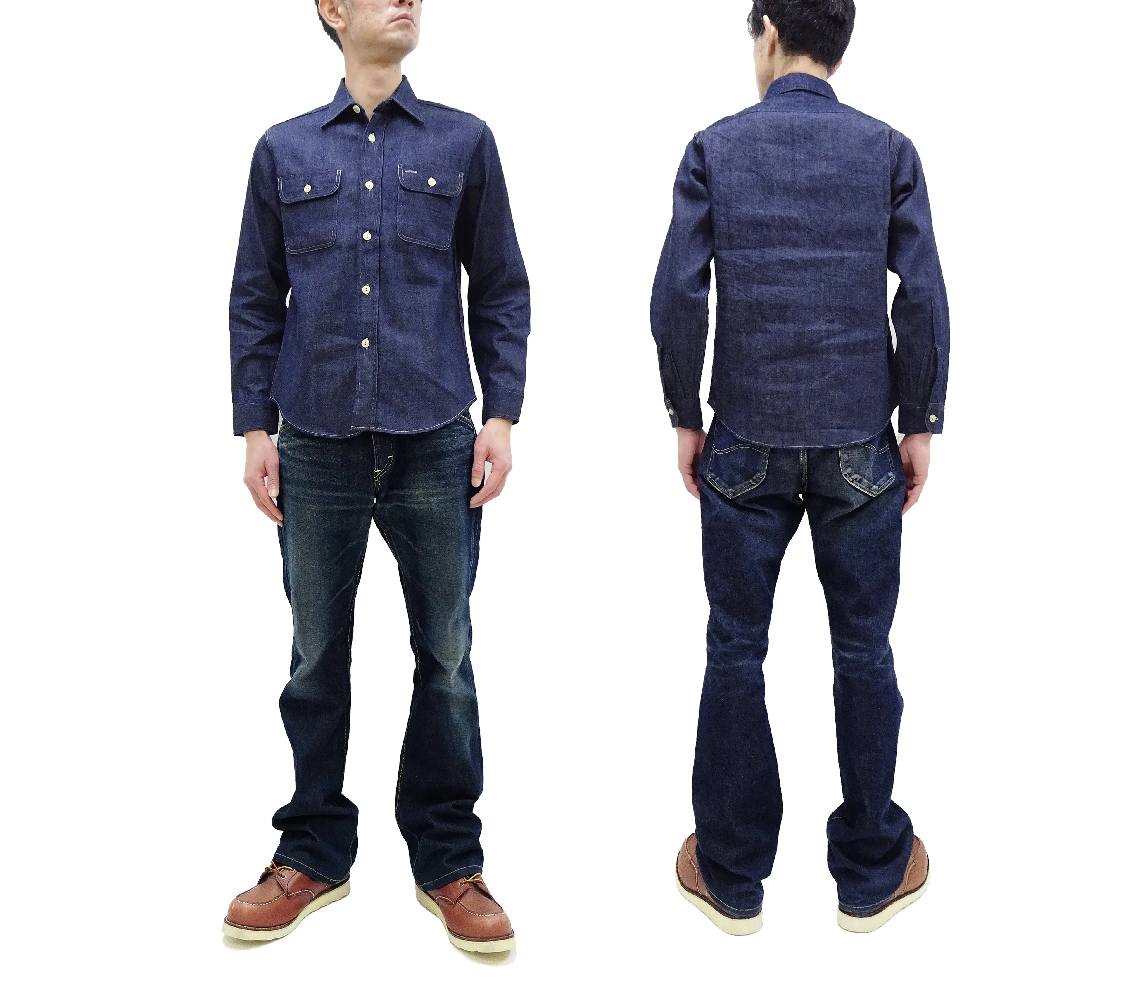 Sugar Cane Denim Shirt Men's Long Sleeve Button Up Plain Jean Work Shirt SC27852 421 Indigo One Wash