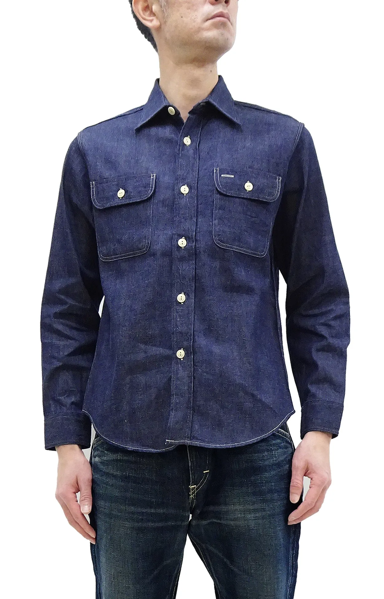 Sugar Cane Denim Shirt Men's Long Sleeve Button Up Plain Jean Work Shirt SC27852 421 Indigo One Wash