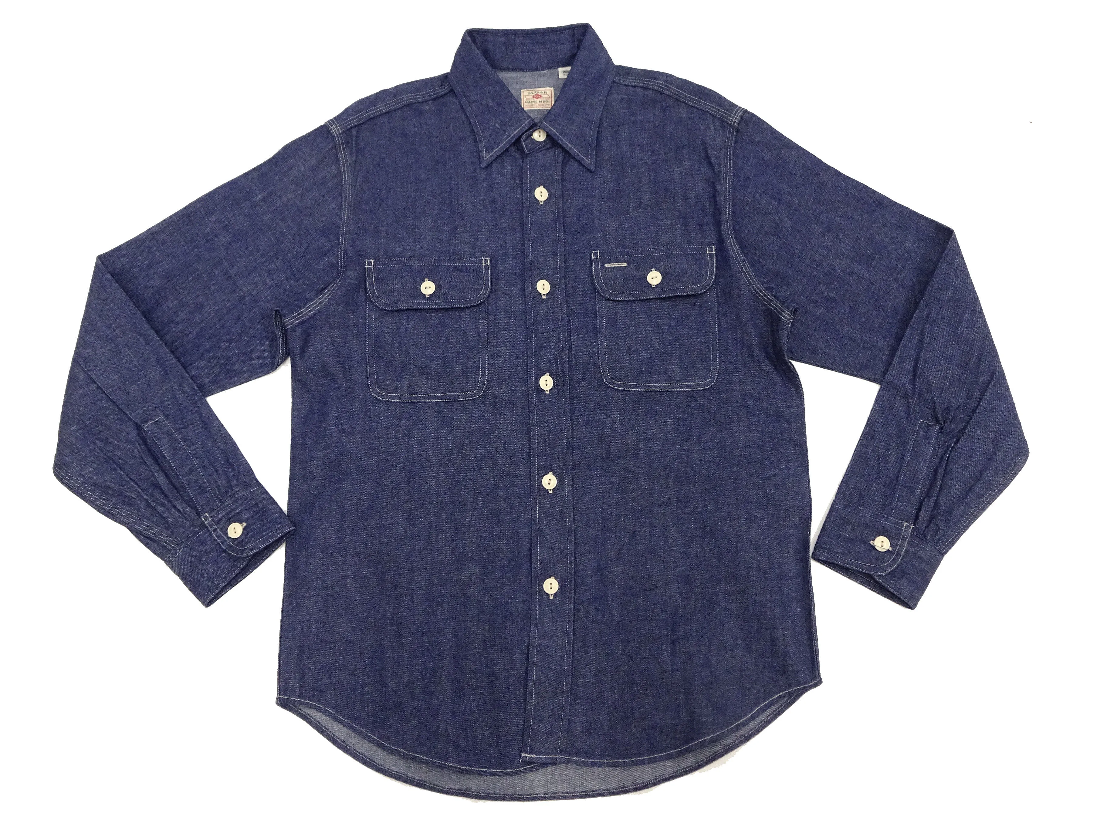 Sugar Cane Denim Shirt Men's Long Sleeve Button Up Plain Jean Work Shirt SC27852 421 Indigo One Wash