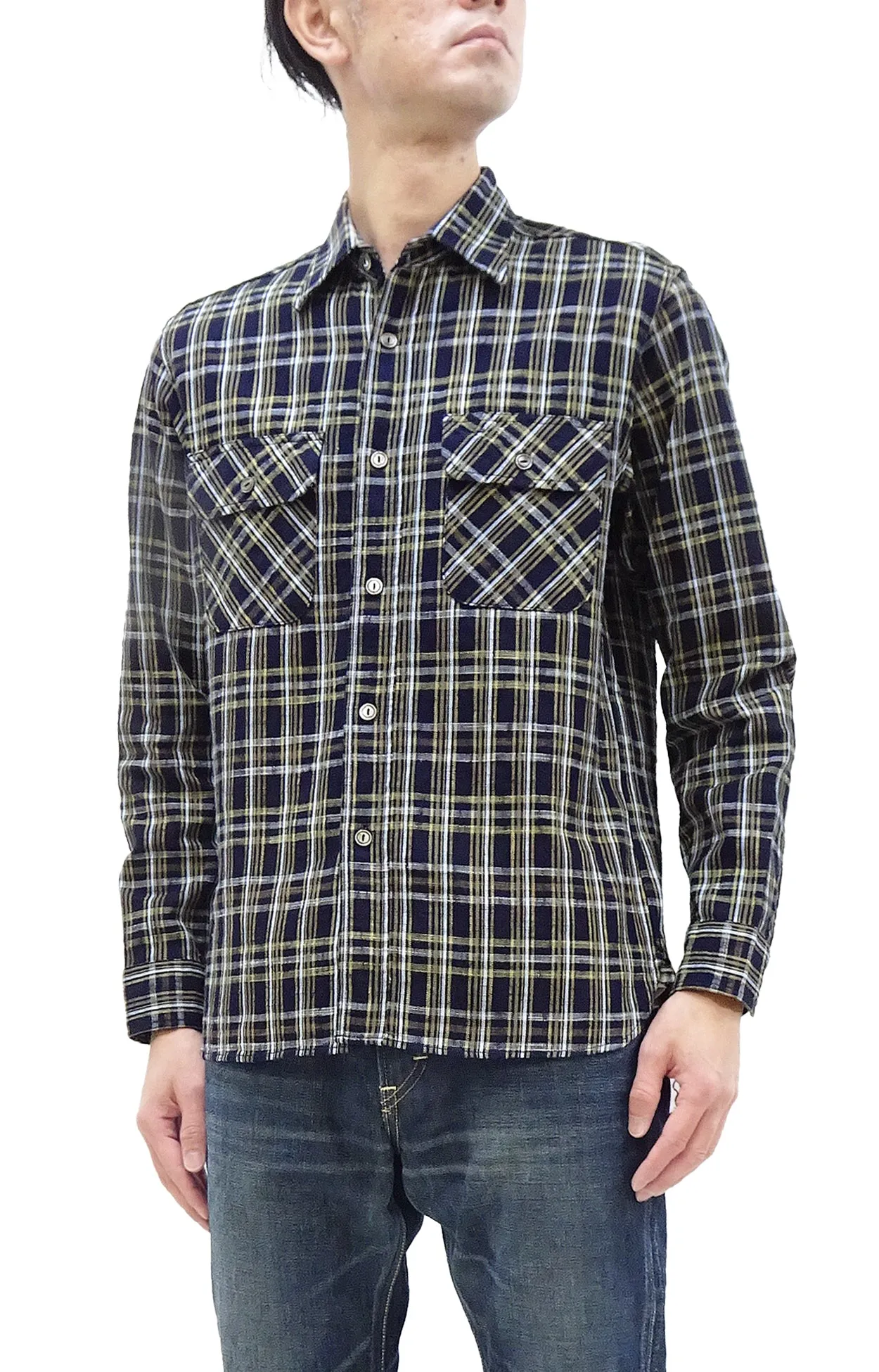 Sugar Cane Indigo Plaid Shirt Men's Medium-Weight Long Sleeve Button Up Work Shirt SC29183 421 One-Wash