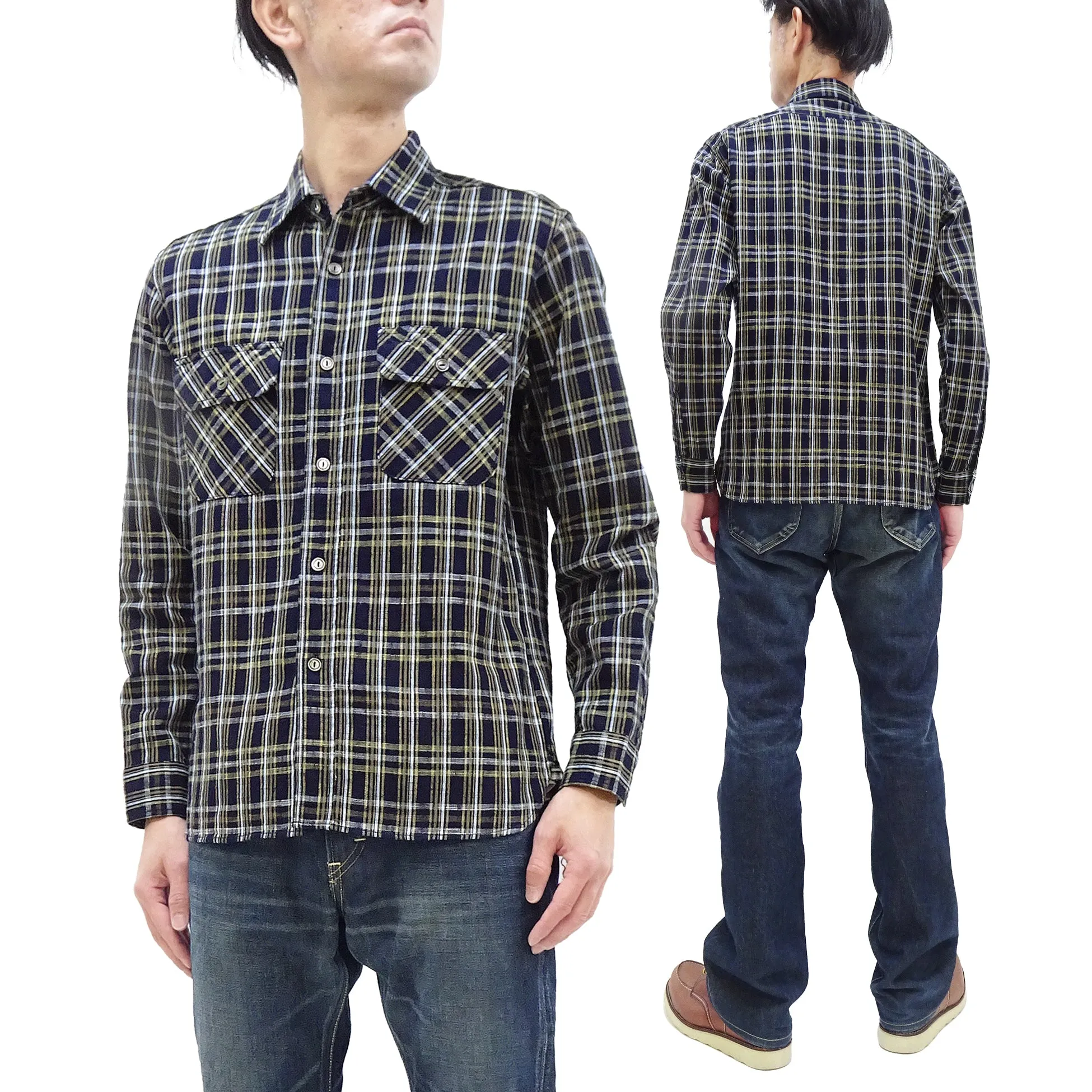 Sugar Cane Indigo Plaid Shirt Men's Medium-Weight Long Sleeve Button Up Work Shirt SC29183 421 One-Wash