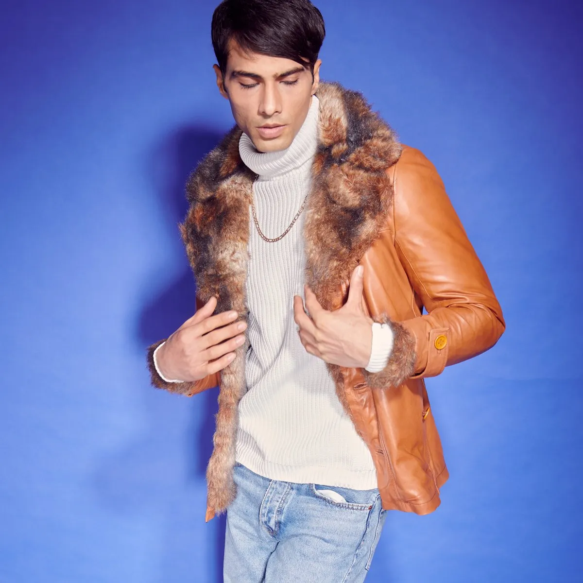 Tan Furr Collar & Sleeves Leather Jacket For Men  By Brune & Bareskin