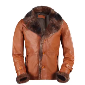 Tan Furr Collar & Sleeves Leather Jacket For Men  By Brune & Bareskin