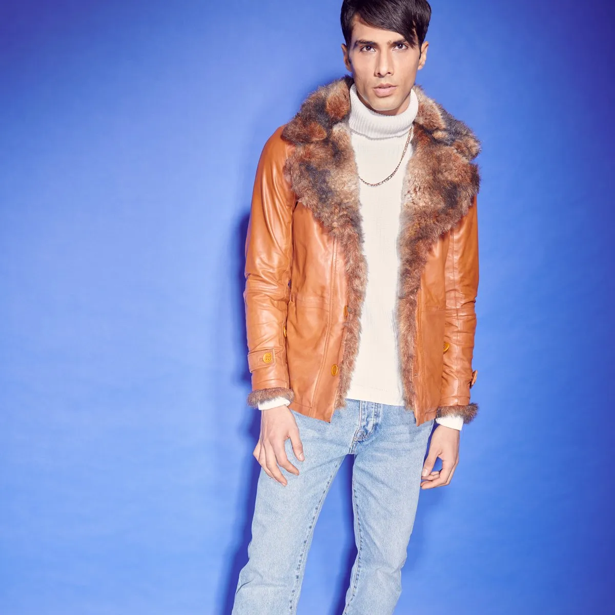 Tan Furr Collar & Sleeves Leather Jacket For Men  By Brune & Bareskin