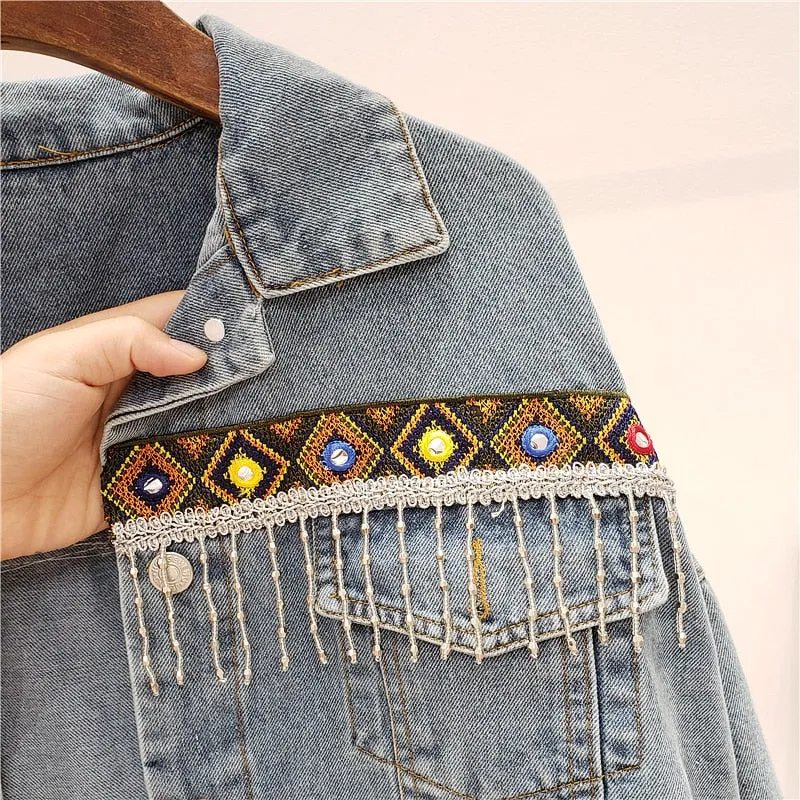 Tassel Embroidery Flowers Denim Loose Long Sleeve Short Jacket