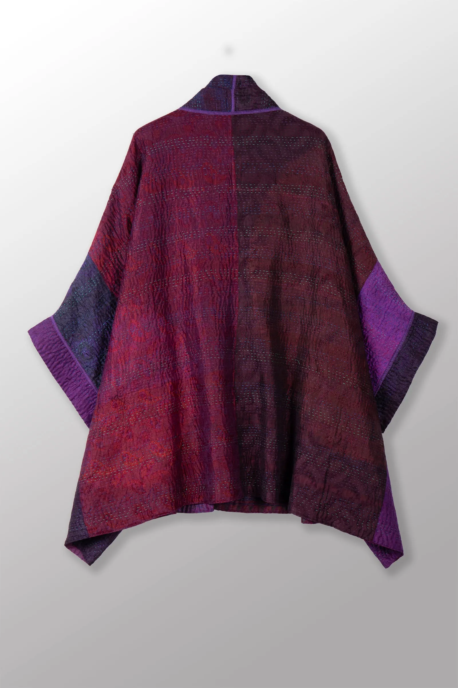 TIE DYE CIRCLE SHIBORI KANTHA DOUBLE COLLAR PONCHO - td4323-prp -