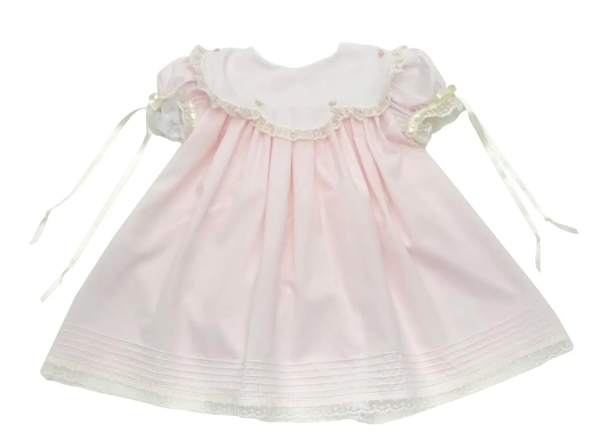 Treasured Memories Pink Scalloped Collar Dress w/ Pink Rosettes & Ecru Lace/Ribbon 1902 PK/EC 5101