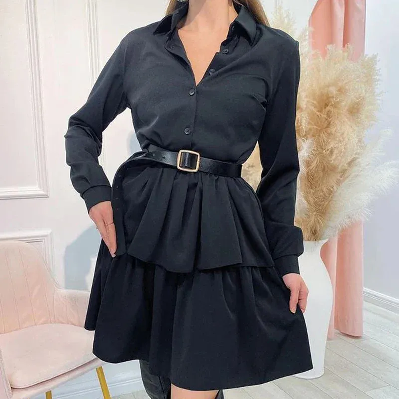 Turn-down Collar Ladies Elegant Long Sleeved Layered Cake Casual High Waist A-line Summer 2024 Dress