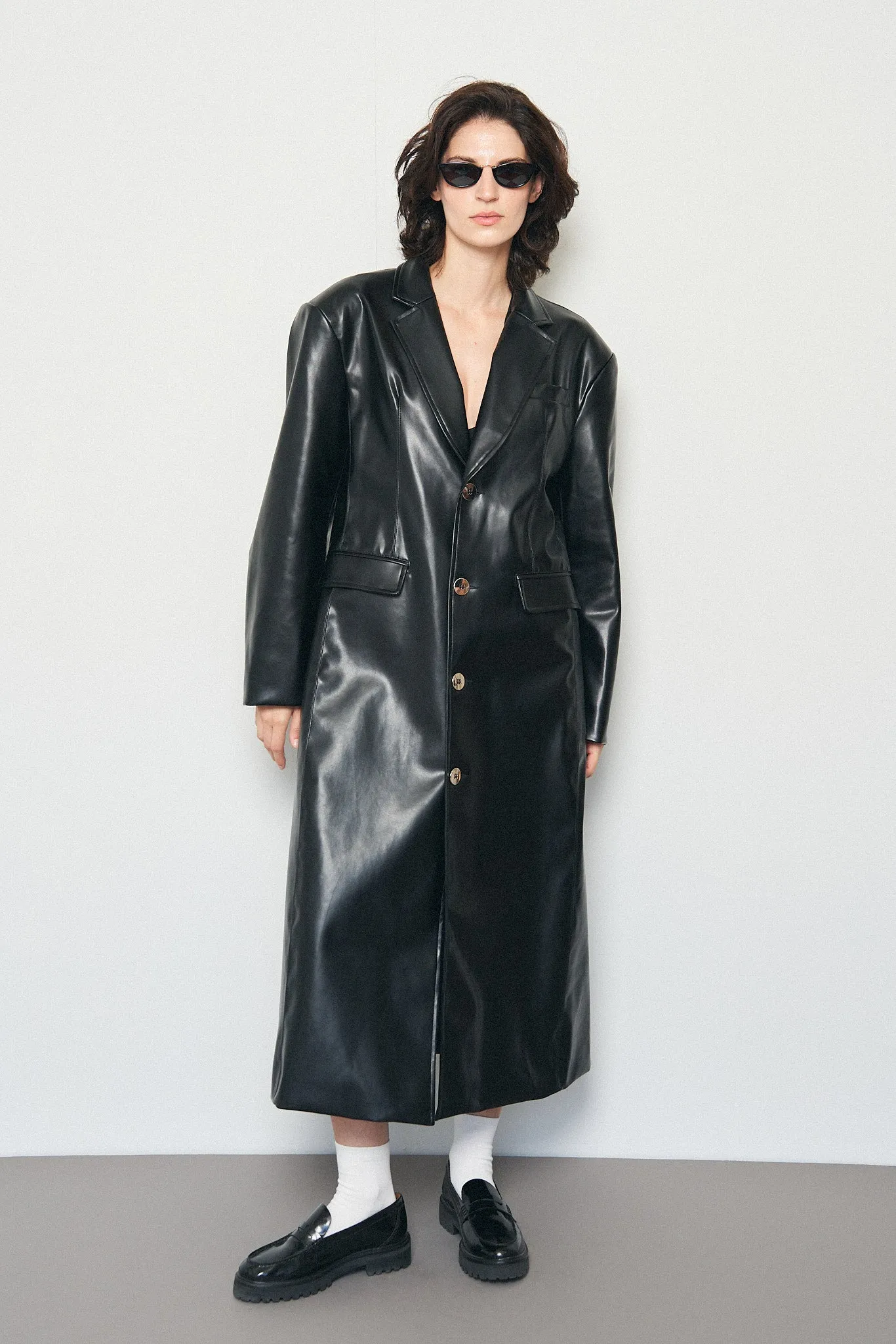 Unisex Black Faux Plant Leather Long Coat