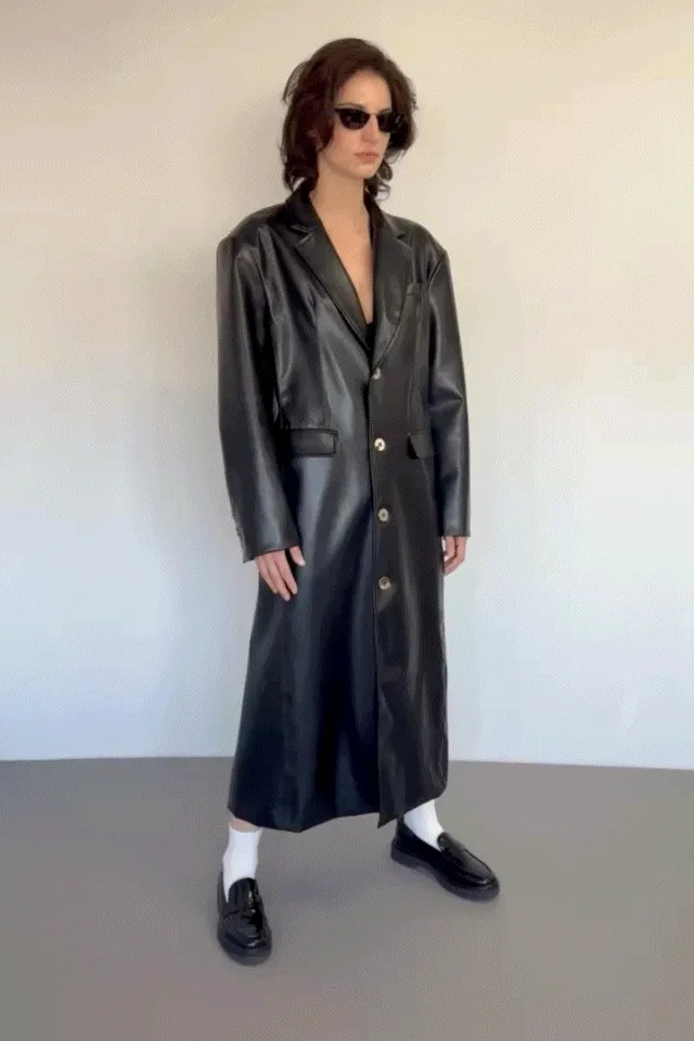 Unisex Black Faux Plant Leather Long Coat