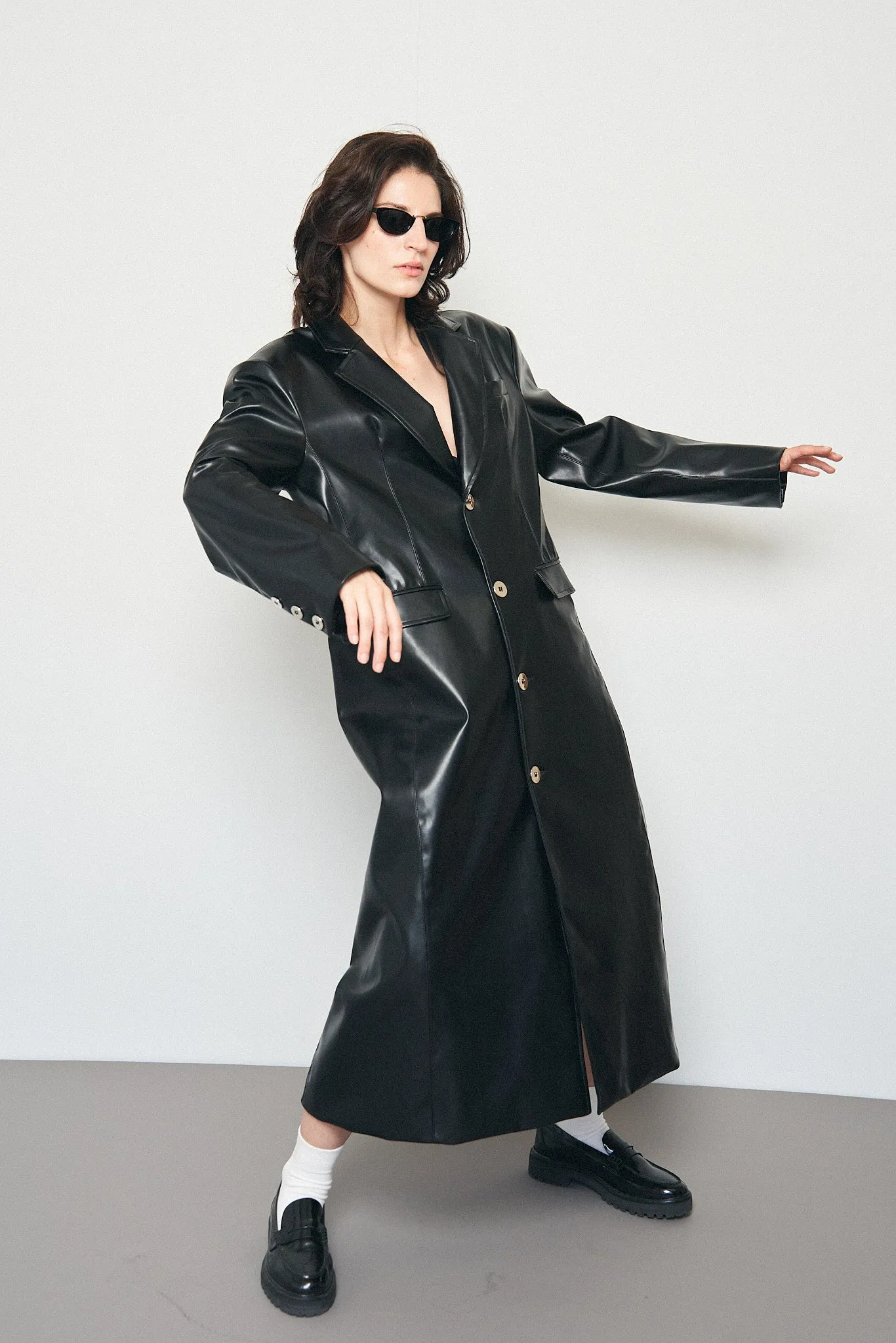 Unisex Black Faux Plant Leather Long Coat