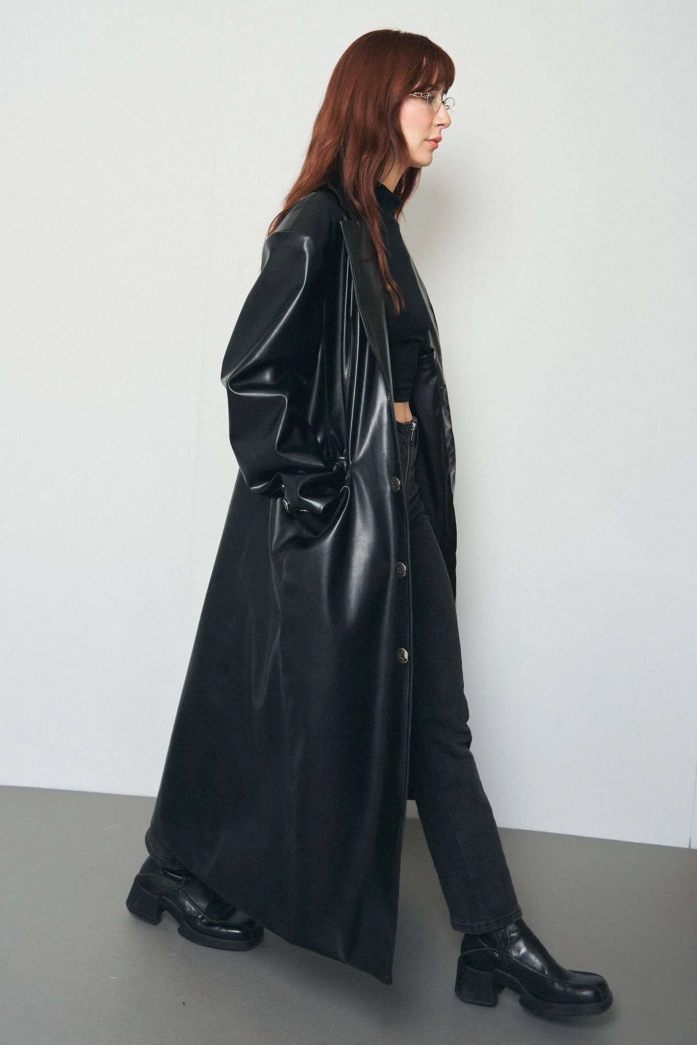 Unisex Black Faux Plant Leather Long Coat