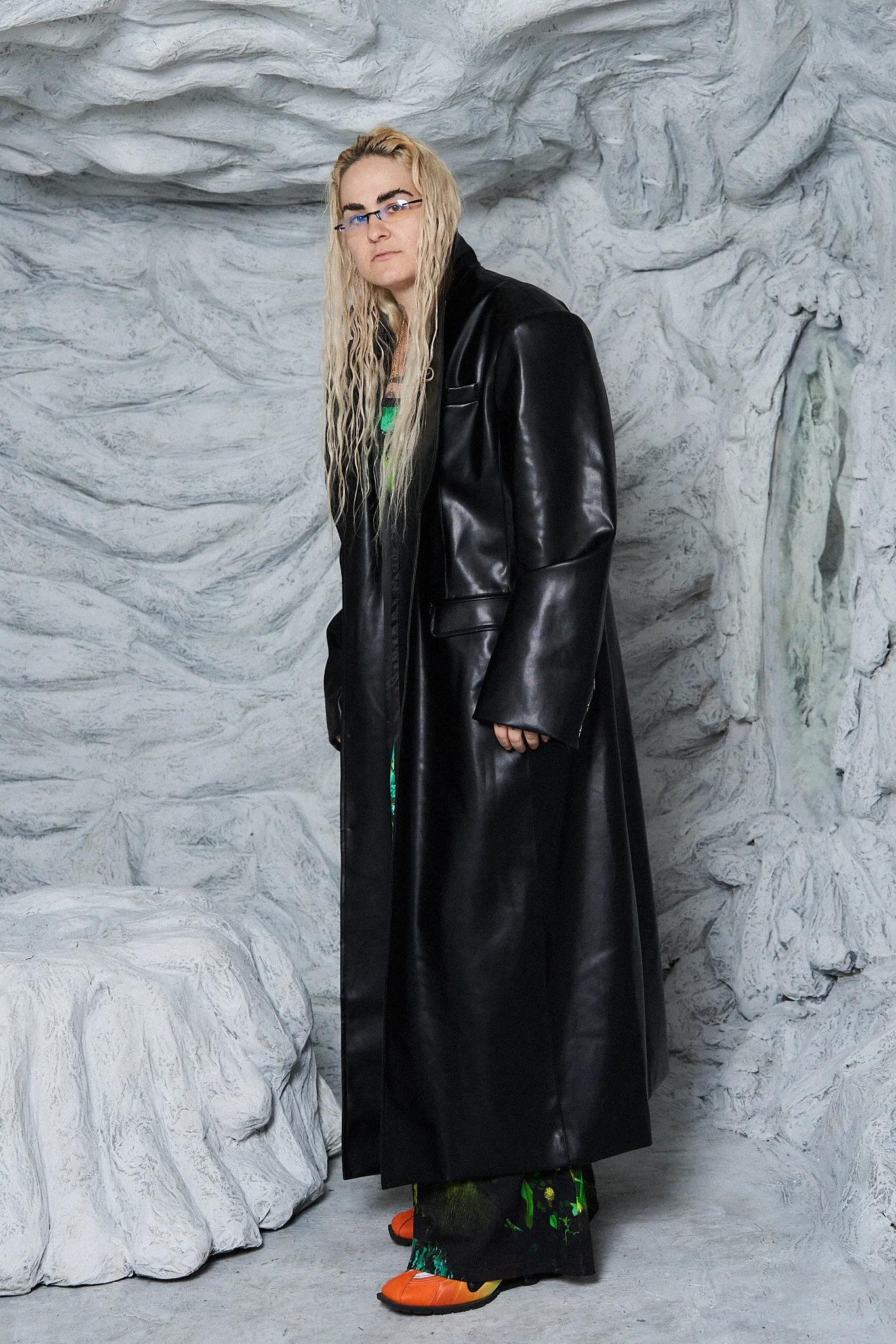 Unisex Black Faux Plant Leather Long Coat