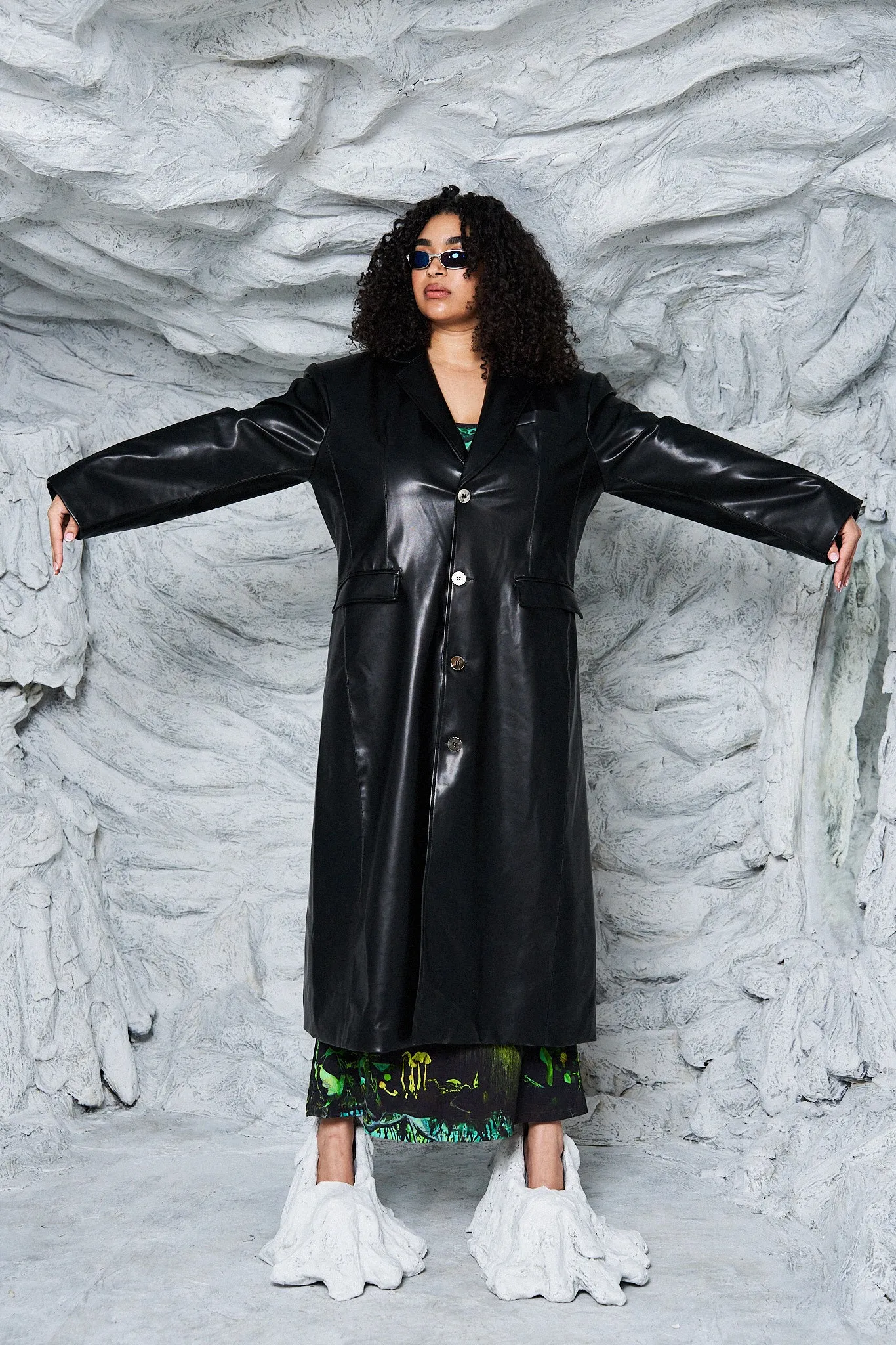 Unisex Black Faux Plant Leather Long Coat