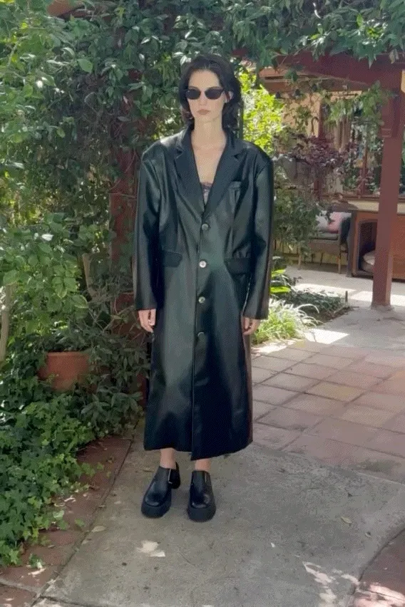 Unisex Black Faux Plant Leather Long Coat