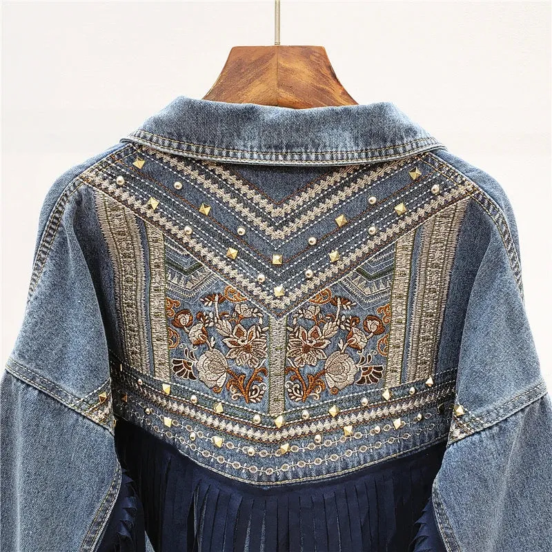 Uniwim Denim Jacket Korean Floral Embroidery Suede Fringe Loose Chaquetas Mujer Coat Long Sleeve Outerwear Women Veste Femme