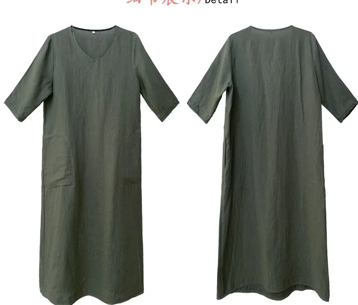 V Neck Soft Linen Dresses Summer long Washed Women Linen Dress  9221