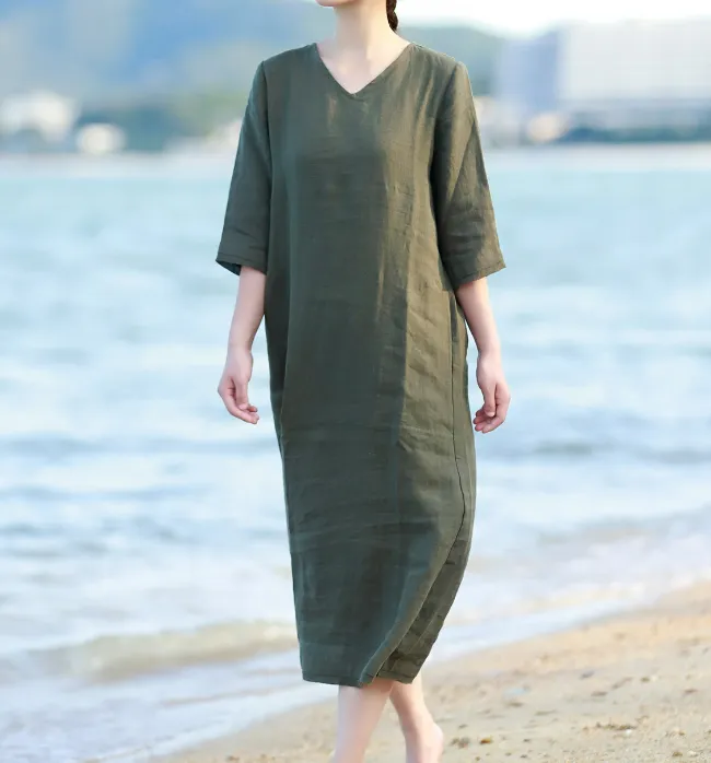 V Neck Soft Linen Dresses Summer long Washed Women Linen Dress  9221