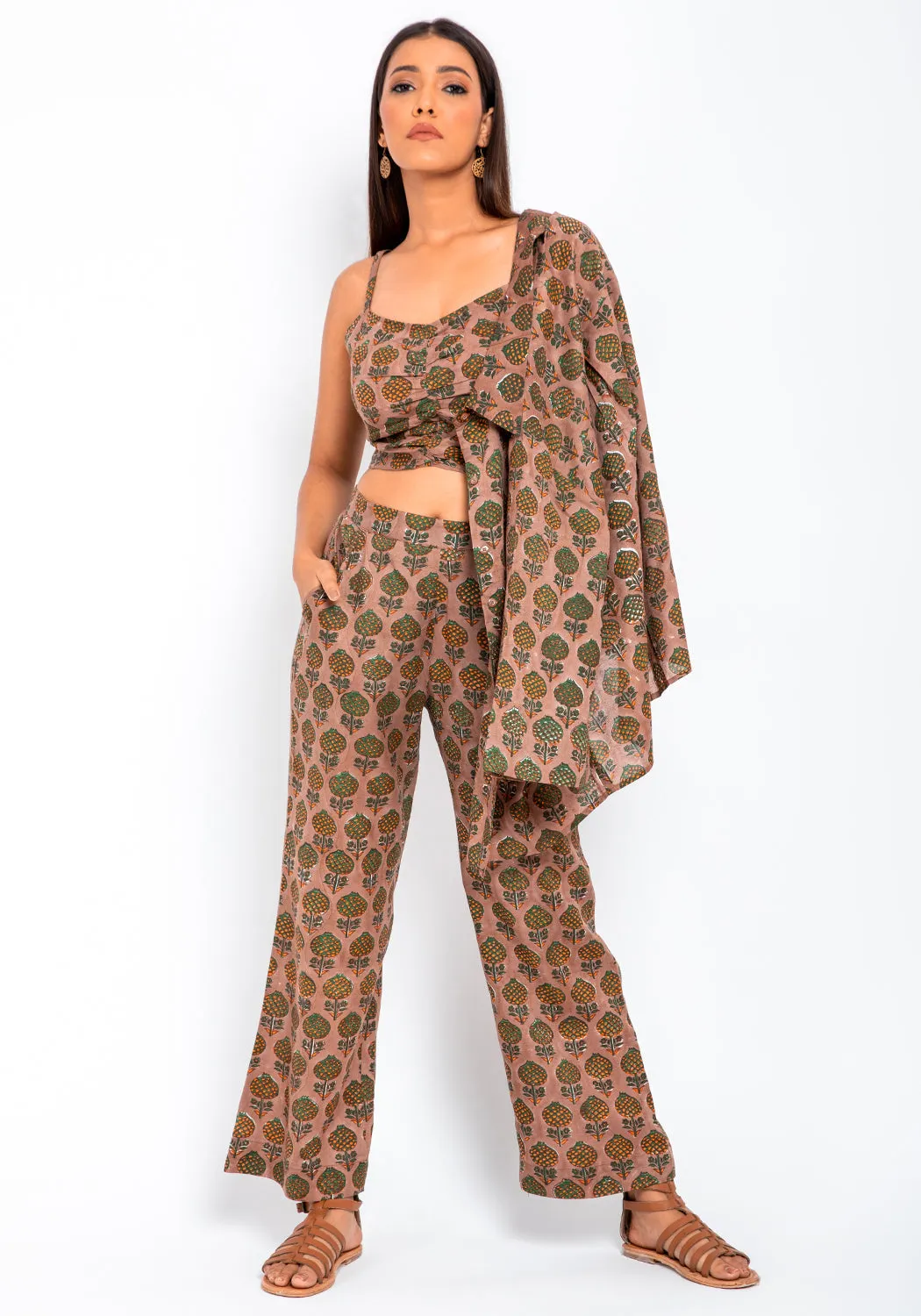 Vedi Hand Block Print CropTop & Pant with Overlay Fusion Set