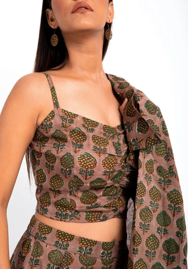 Vedi Hand Block Print CropTop & Pant with Overlay Fusion Set