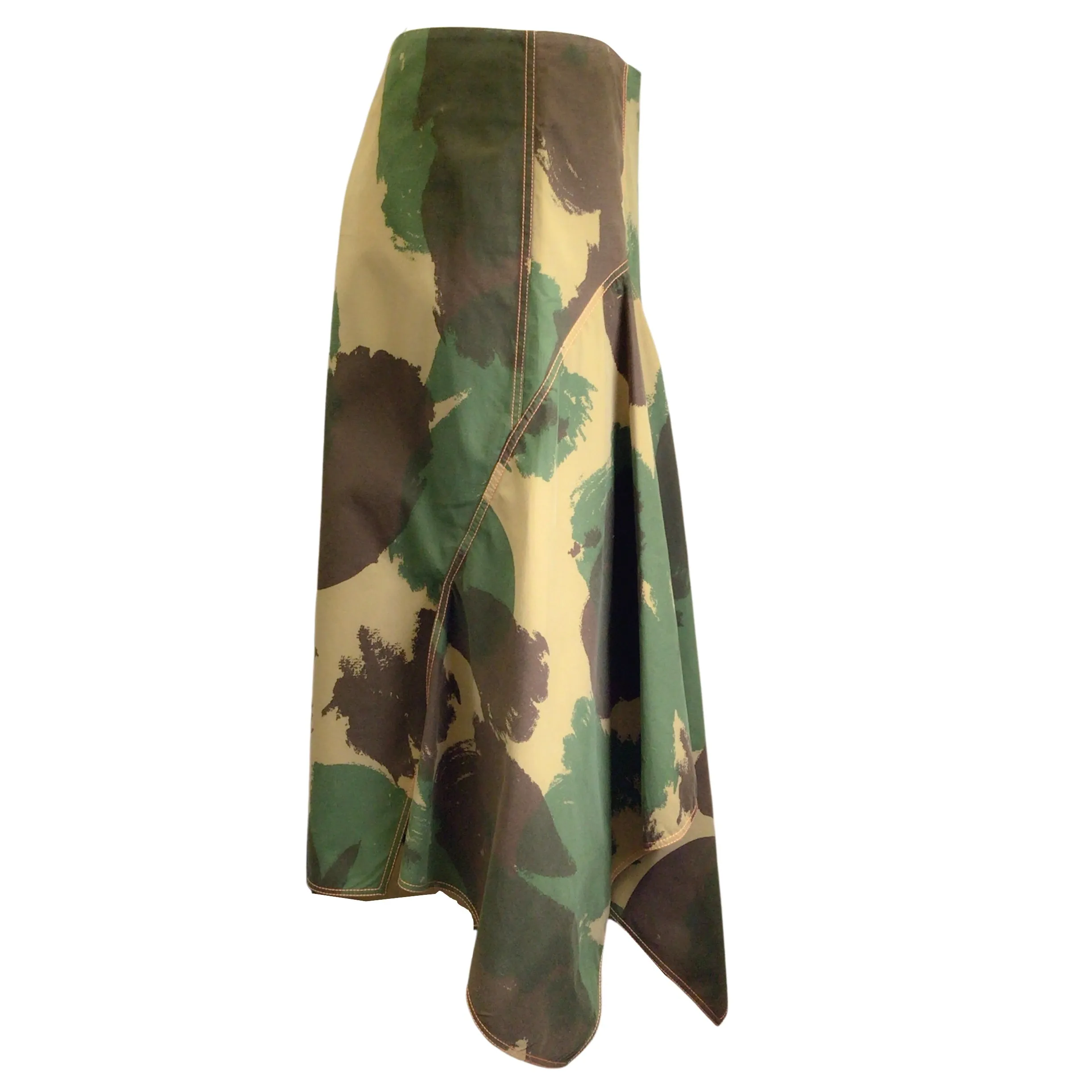 Victoria Beckham Green Multi Camo Print Asymmetrical Hem Cotton Midi Skirt