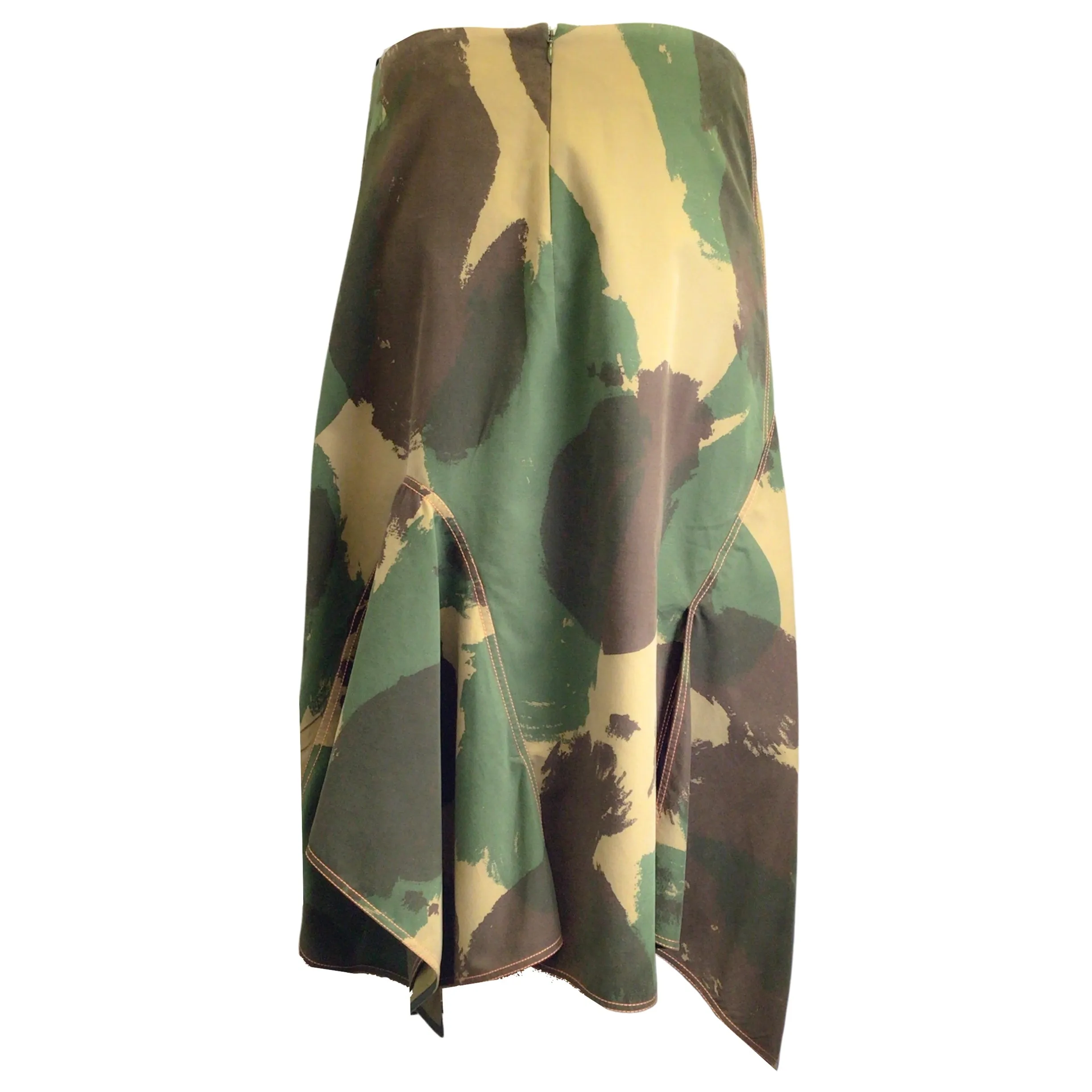 Victoria Beckham Green Multi Camo Print Asymmetrical Hem Cotton Midi Skirt