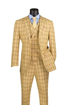 Vinci Modern Fit Windowpane Suit 3 Piece Tan MV2W-4