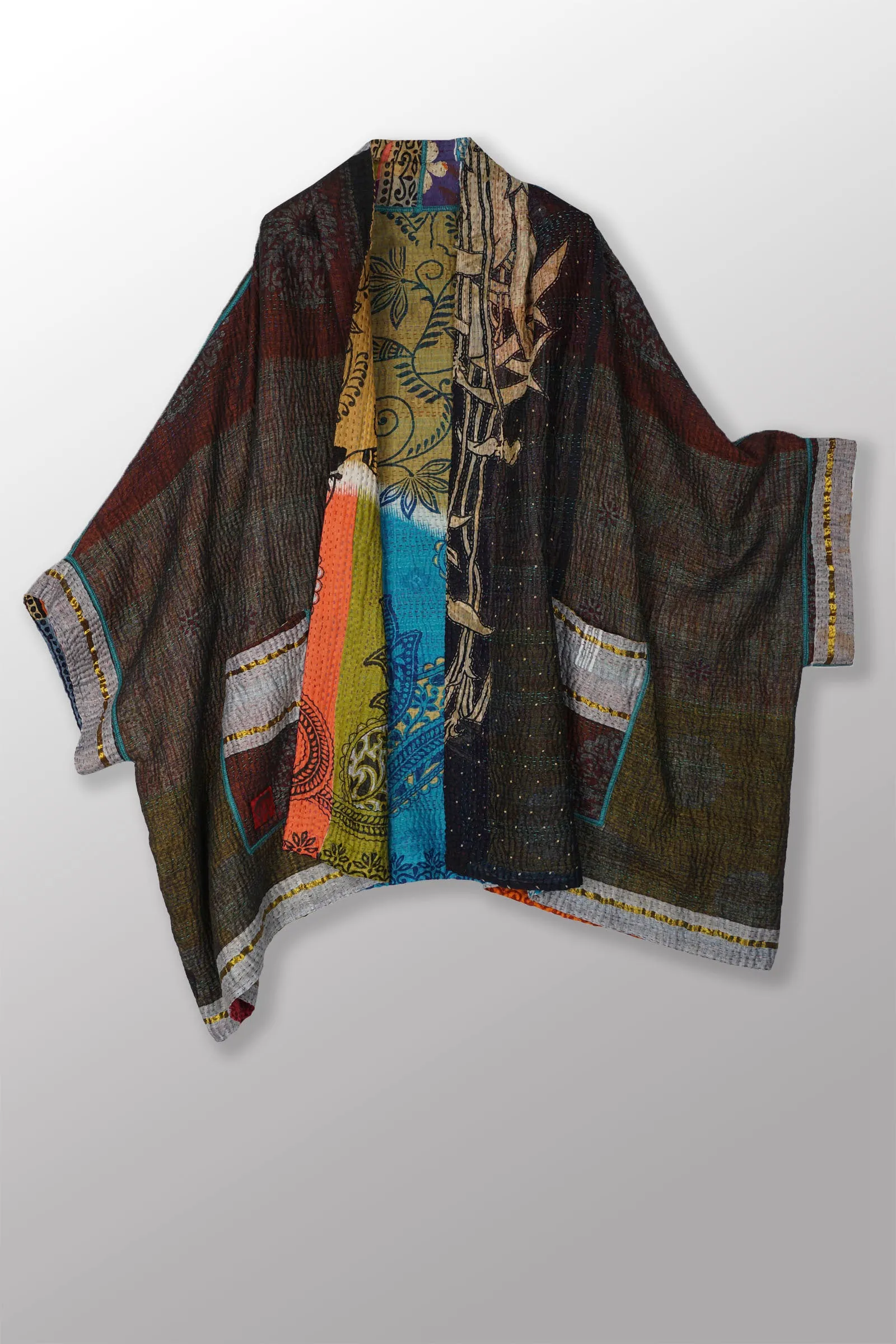 VINTAGE COTTON KANTHA DOUBLE COLLAR PONCHO - cv4323-0035a -