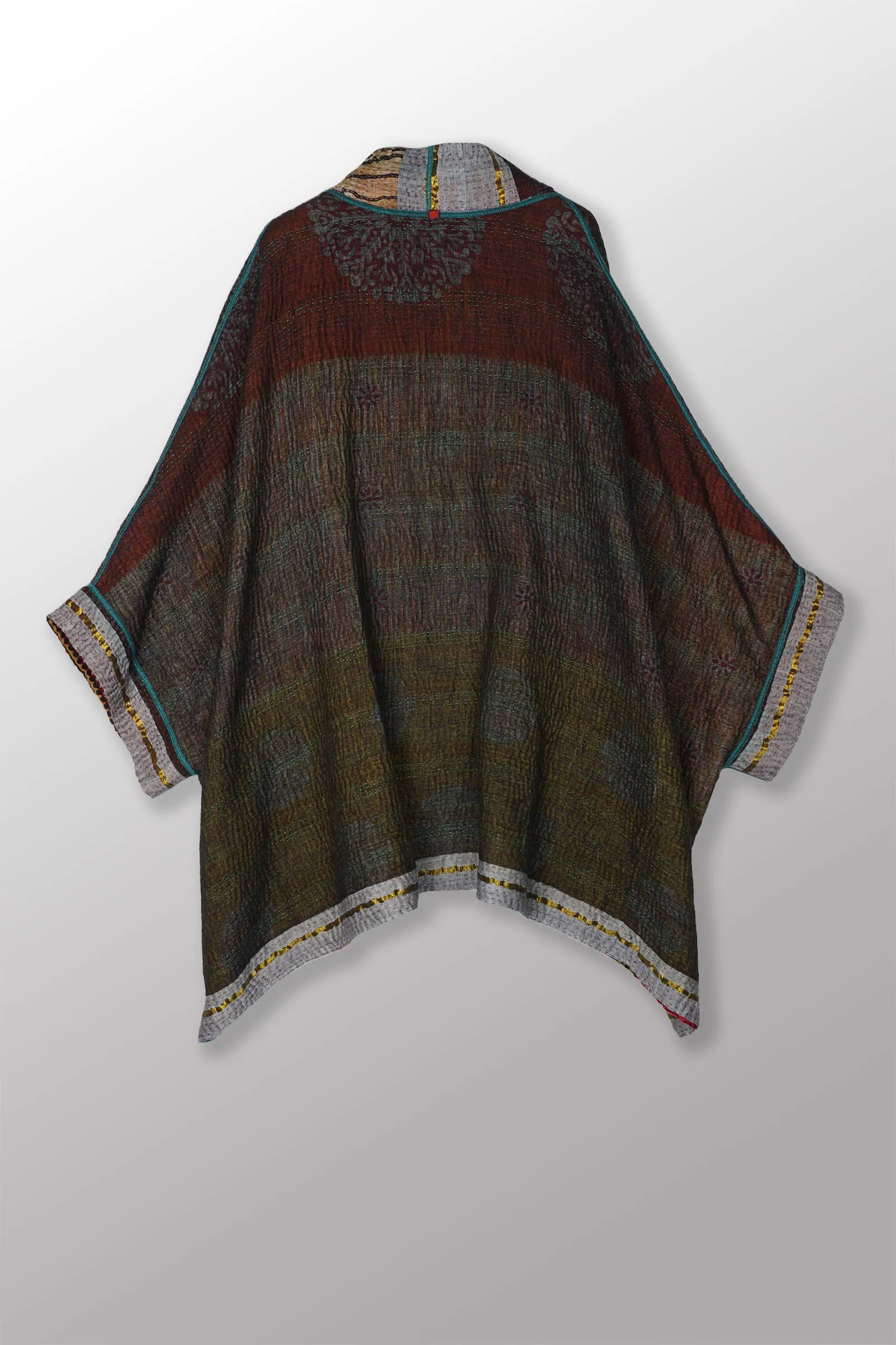 VINTAGE COTTON KANTHA DOUBLE COLLAR PONCHO - cv4323-0035a -