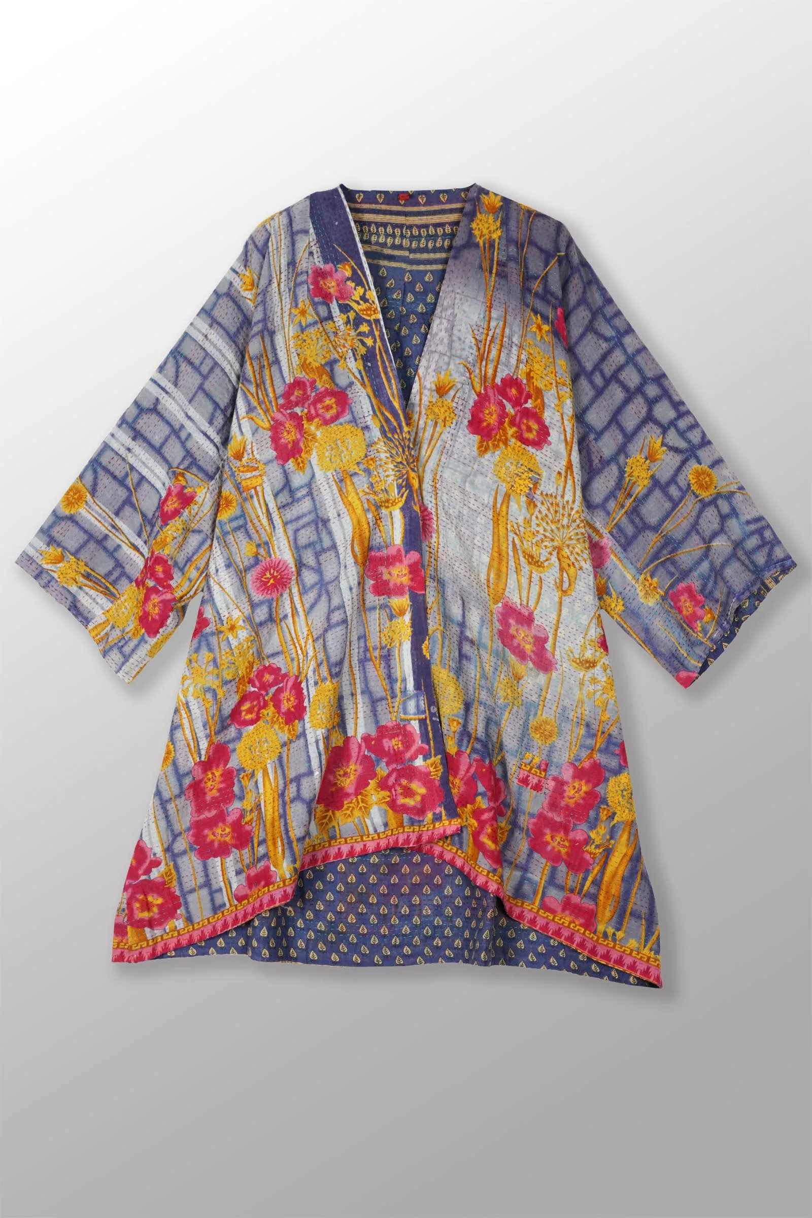 VINTAGE COTTON KANTHA KIMONO DUSTER - cv2317-0007a -