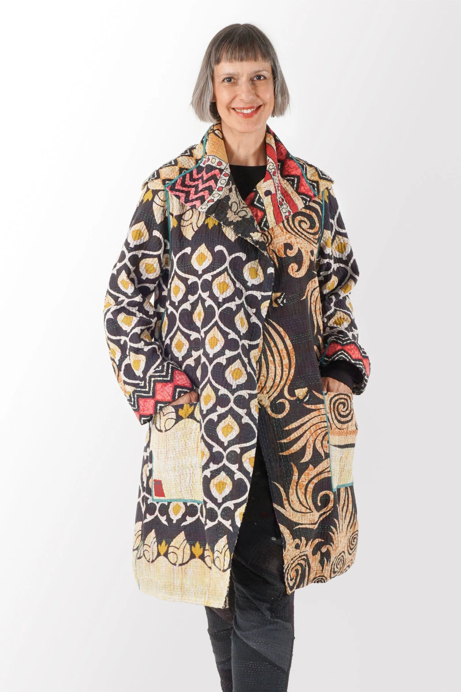 VINTAGE COTTON KANTHA POCKET MEDIUM COAT - cv4316-0015a -