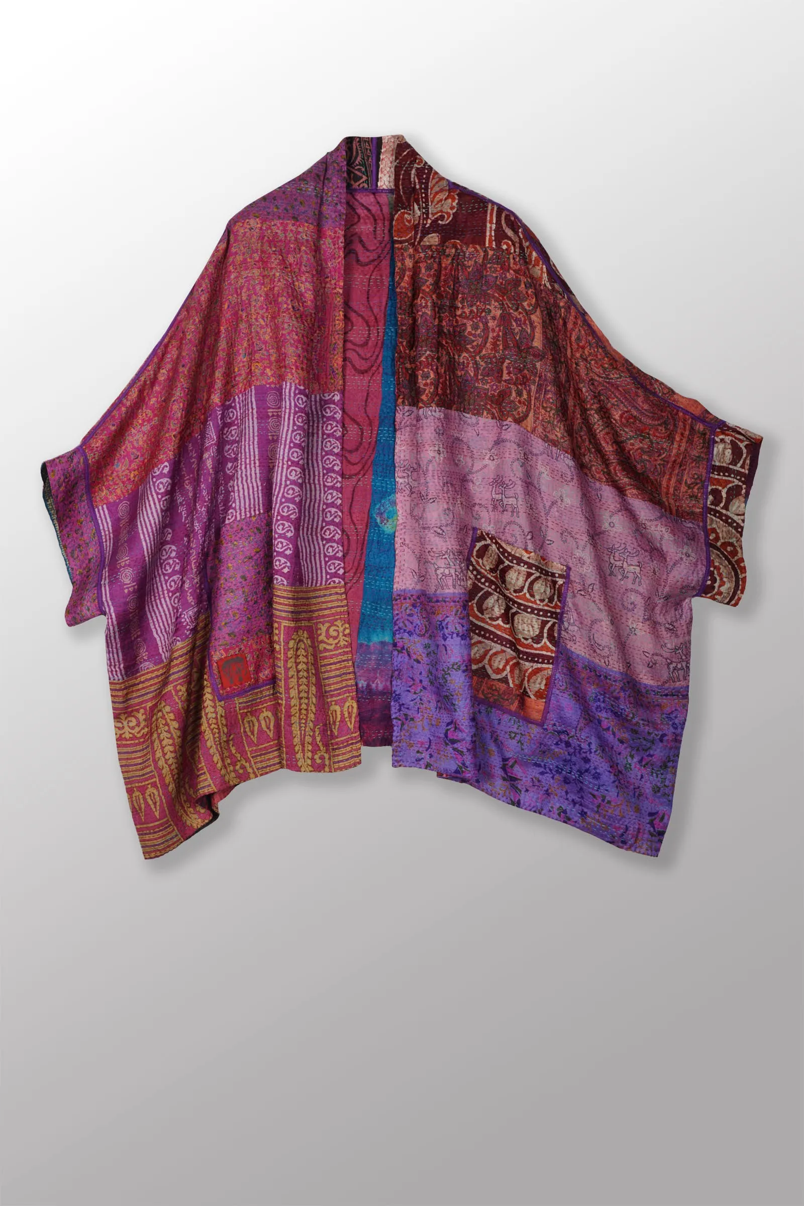 VINTAGE SILK KANTHA DOUBLE COLLAR PONCHO - sv2323-0010a -