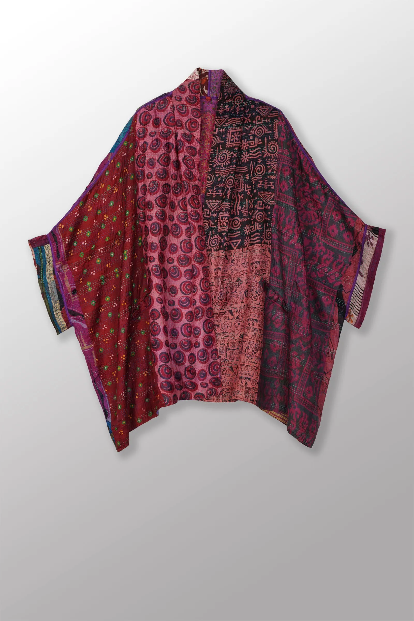 VINTAGE SILK KANTHA DOUBLE COLLAR PONCHO - sv2323-0010a -