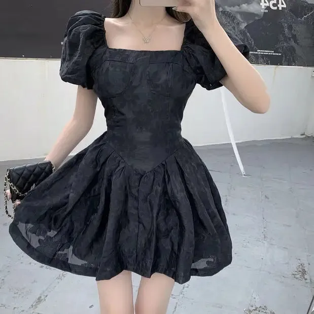 Vintgae Floral Black Dress Women French Retro Puff Sleeve Wrap Mini Short Dresses Party Square Collar Robes Summer