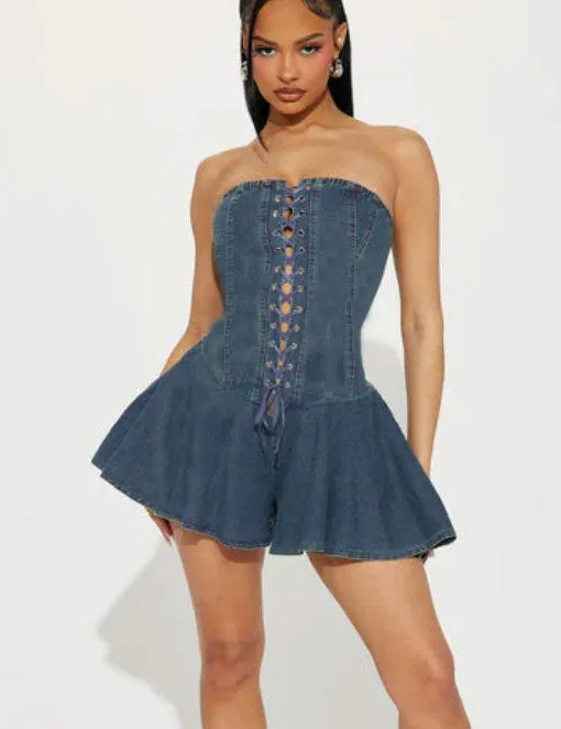 Wenkouban concert outfit 2024 Dress Women's Zipper Lace-up Chest Wrap Sexy Hot Girl Denim Short Lotus Leaf Denim Skirt