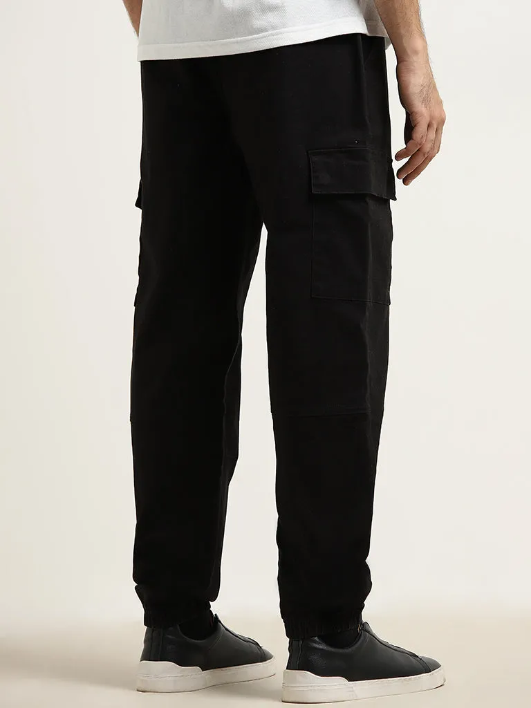 WES Casuals Black Relaxed-Fit Mid-Rise Cotton Blend Chinos