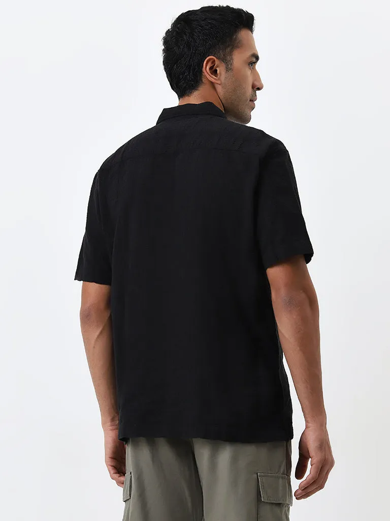 WES Casuals Black Textured Relaxed-Fit Cotton Shirt