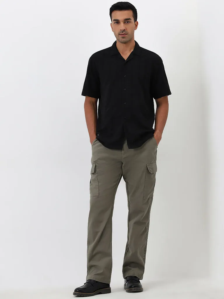 WES Casuals Black Textured Relaxed-Fit Cotton Shirt