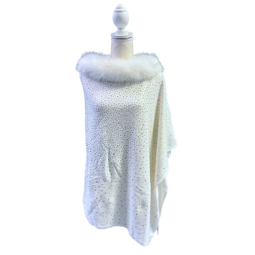 White Crystal Poncho with Fur Collar