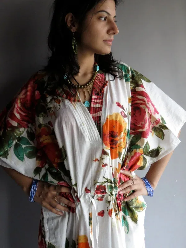 White Large Floral Blossom V-Neck, Ankle Length, Cinched Waist Caftan