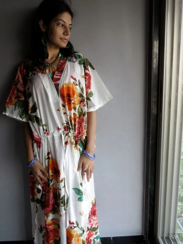 White Large Floral Blossom V-Neck, Ankle Length, Cinched Waist Caftan